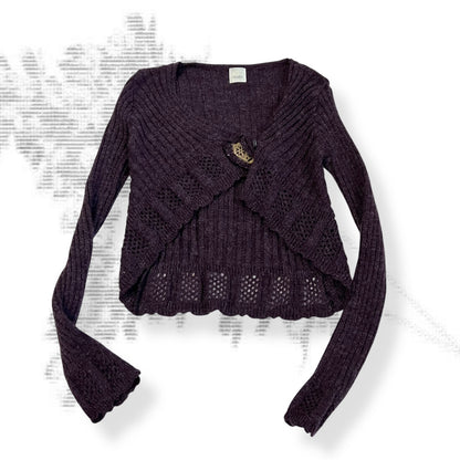 boho camieu purple long sleeve crop bolero knit gold ornamental brooch top