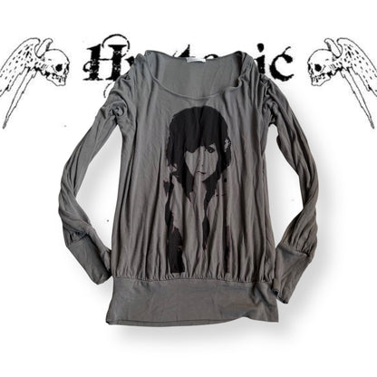 promod khaki graphic print slouchy oversized long sleeve tunic top