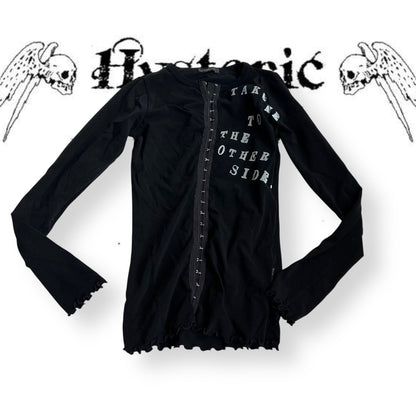 90s vintage hysterics black hook and eye graphic print text long sleeve top