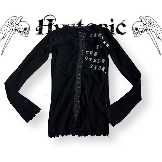 90s vintage hysterics black hook and eye graphic print text long sleeve top