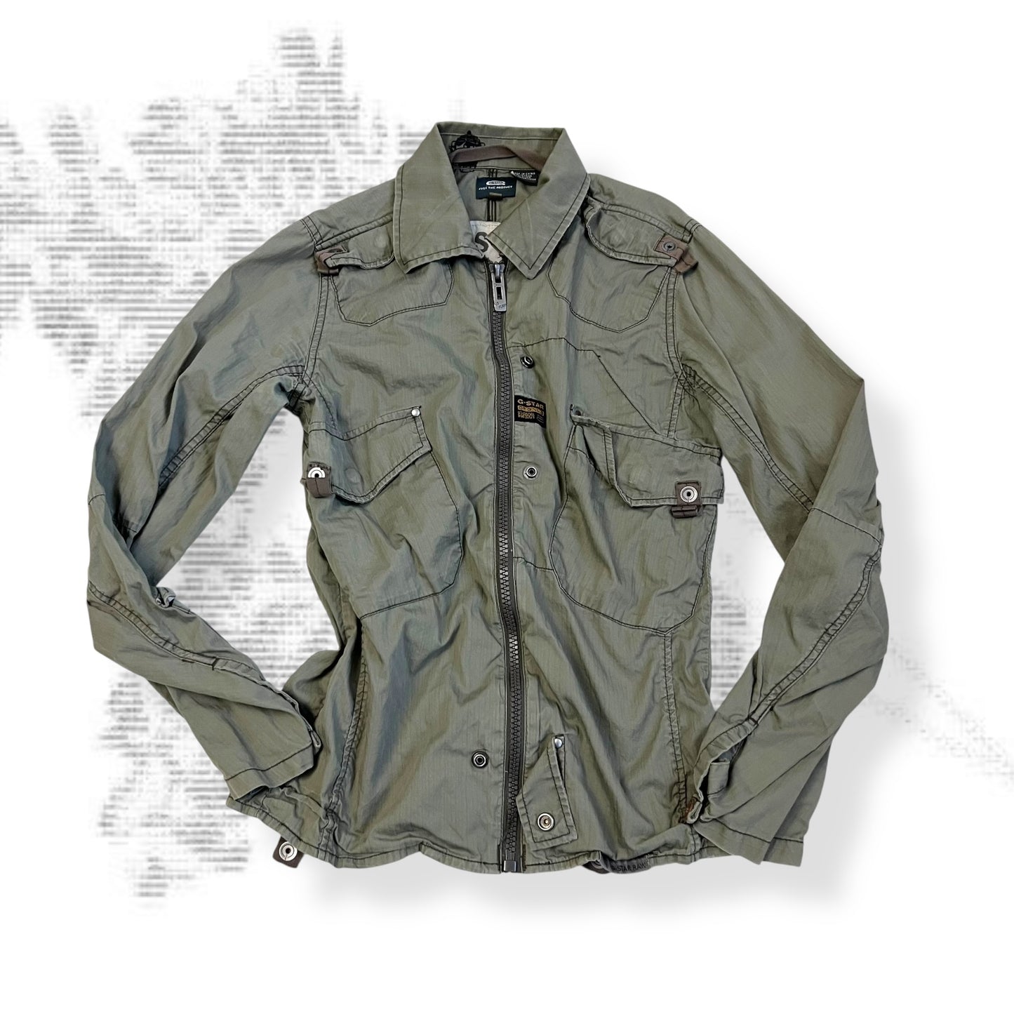 khaki g-star raw long sleeve utility style neck buckle jacket