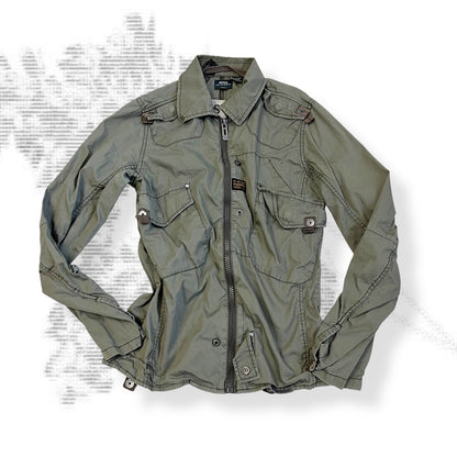 khaki g-star raw long sleeve utility style neck buckle jacket