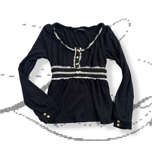 dosch black white lacey trim button accent long sleeve top