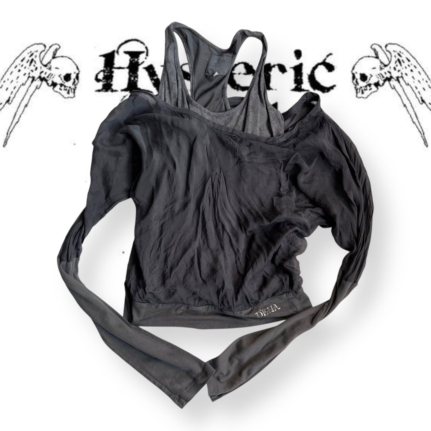 vintage deha silk grey lacey tank top and off the shoulder long sleeve layered top