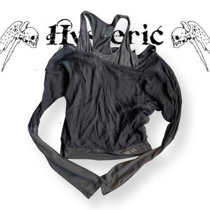 vintage deha silk grey lacey tank top and off the shoulder long sleeve layered top