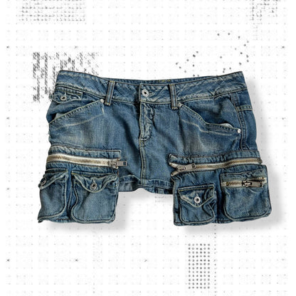 baci denim light wash utility deconstructed hanging zip pocket cargo denim mini skirt