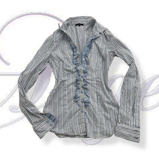 vintage kocca baby blue striped long sleeve blouse with ruffle detail