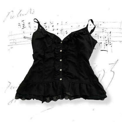 morgan de toi balletcore black ruffle lace button camisole