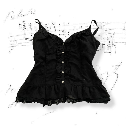 morgan de toi balletcore black ruffle lace button camisole