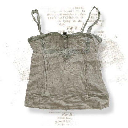 sage green mng linen cotton blend coquette romantic lacey button accent camisole