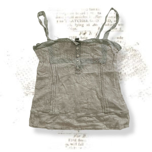 sage green mng linen cotton blend coquette romantic lacey button accent camisole