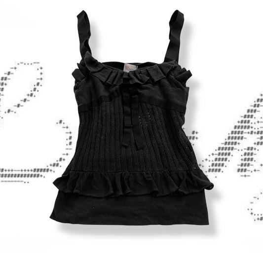 romantic balletcore red valentino knit ruffle hem ribbon knit camisole