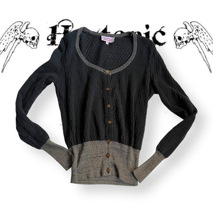 vivienne westwood red label navy grey lacey pointelle contrast long sleeve cinched waist cardigan