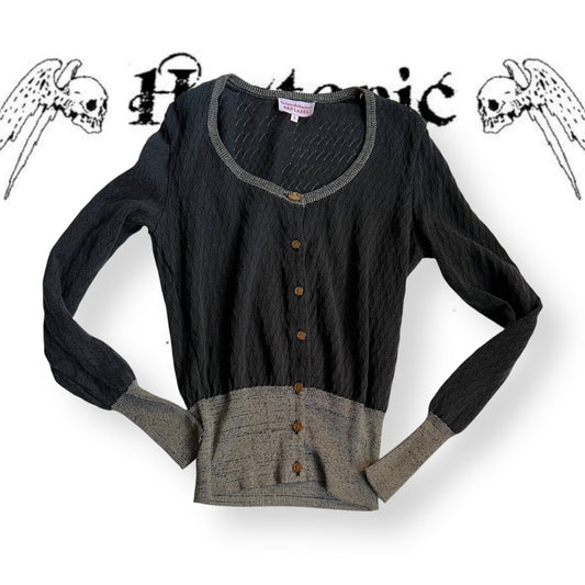 vivienne westwood red label navy grey lacey pointelle contrast long sleeve cinched waist cardigan