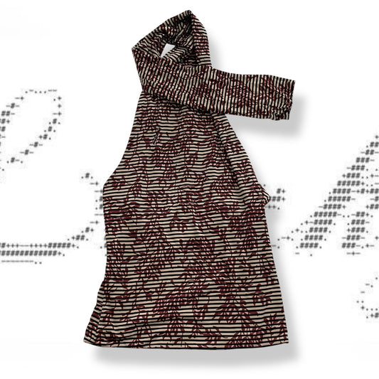 vintage hood burgandy floral print striped heck neck top with attached neck scarf