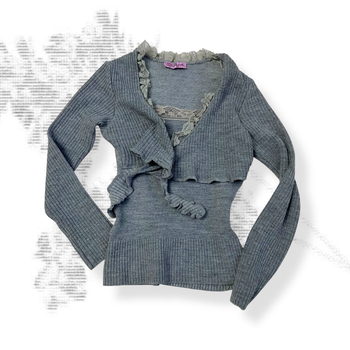lilu mecredi frilly grey lace trim long sleeve knit bolero and cami two in one layered top