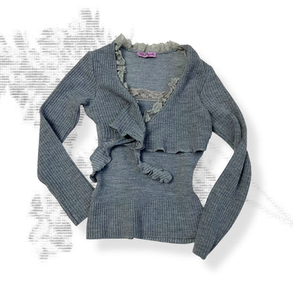 lilu mecredi frilly grey lace trim long sleeve knit bolero and cami two in one layered top