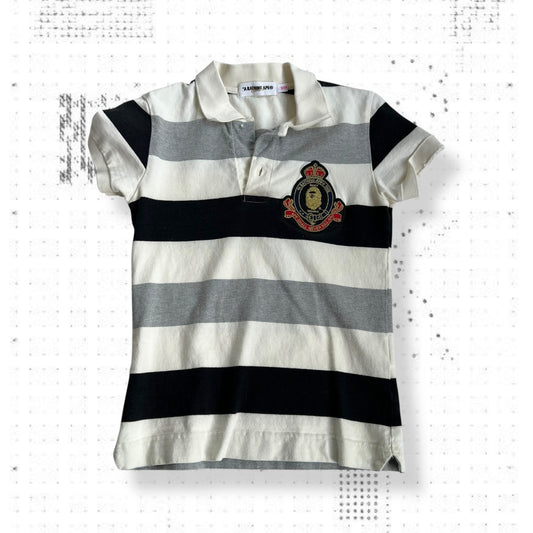 a bathing ape preppy grey black white bape patch striped short sleeve collared polo shirt