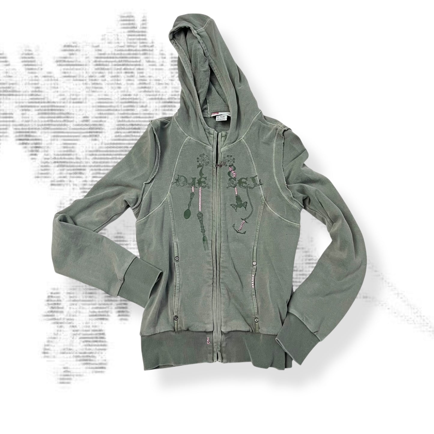 vintage diesel red tag khaki embroidery ornament text long sleeve zip hoodie jacket