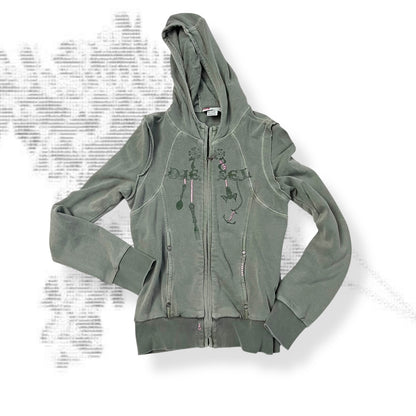 vintage diesel red tag khaki embroidery ornament text long sleeve zip hoodie jacket