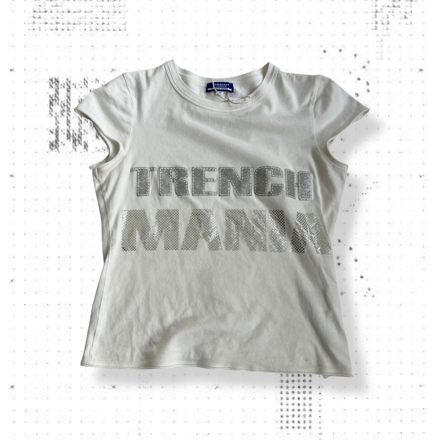 burberry blue label white cap sleeve green silver print trench mania crop top