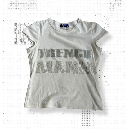 burberry blue label white cap sleeve green silver print trench mania crop top