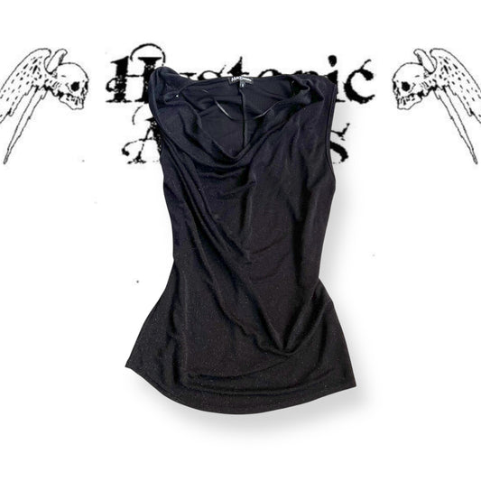 mosquitos black shimmery draped lightweight multi way cowl neck vest top