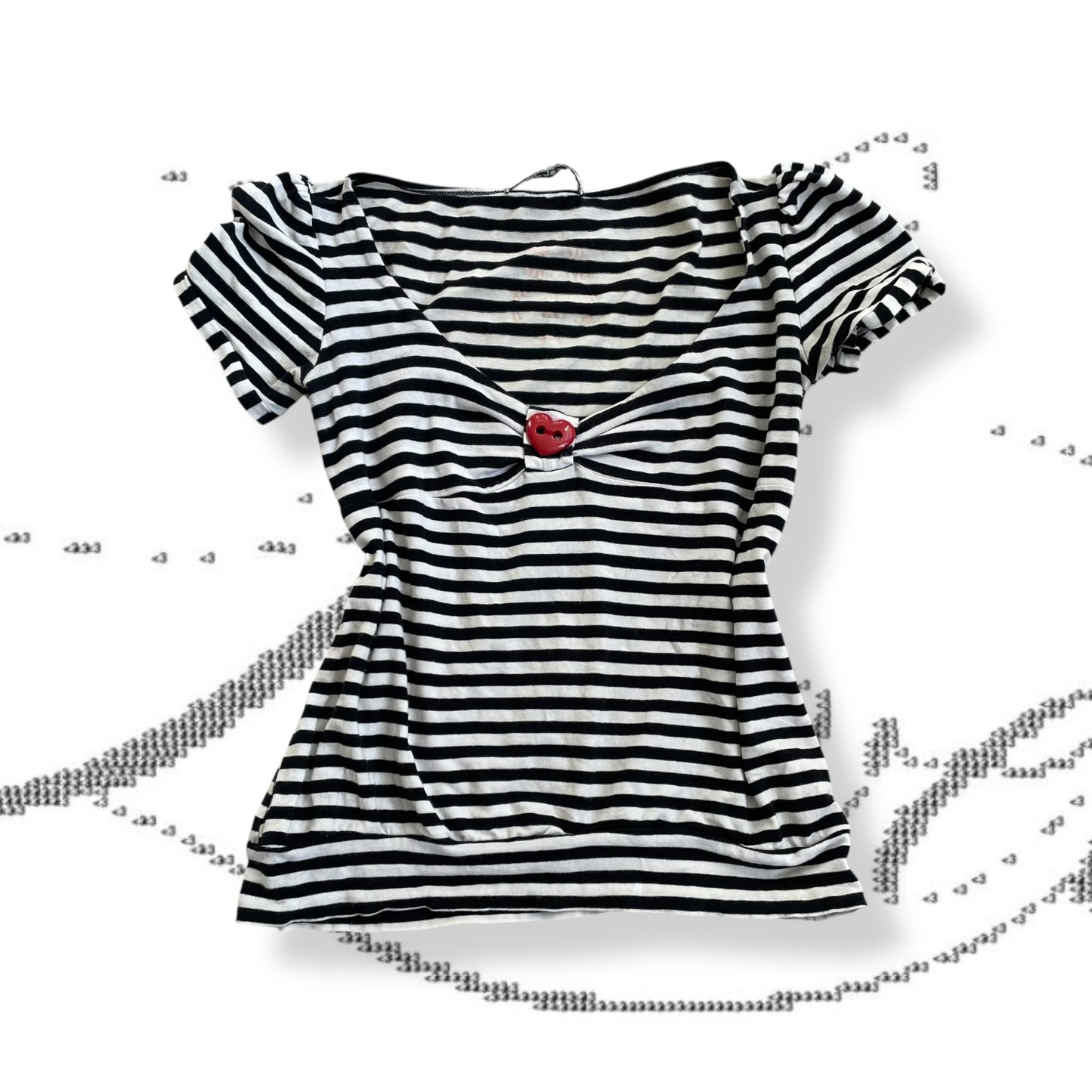 fornarina black white puffy red heart charm button striped puff sleeve top