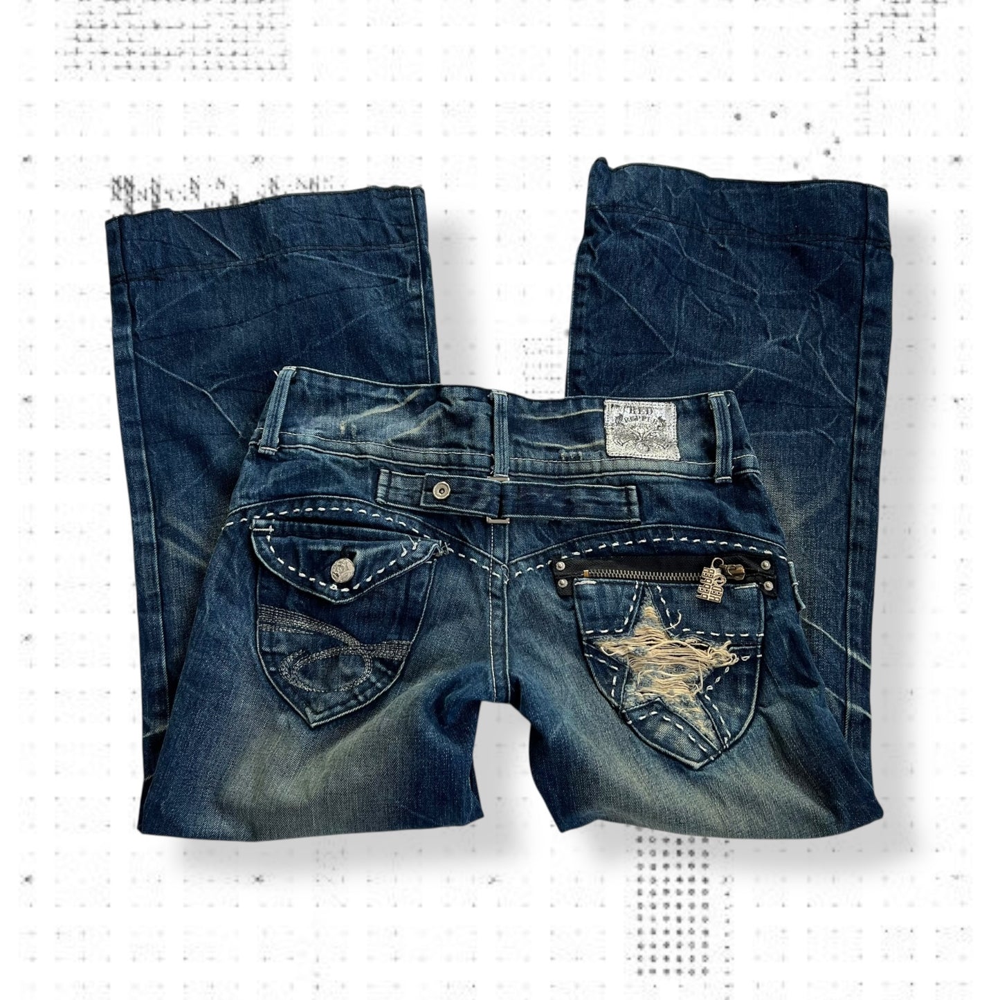 red pepper medium wash denim low mid rise distressed star wide leg trousers