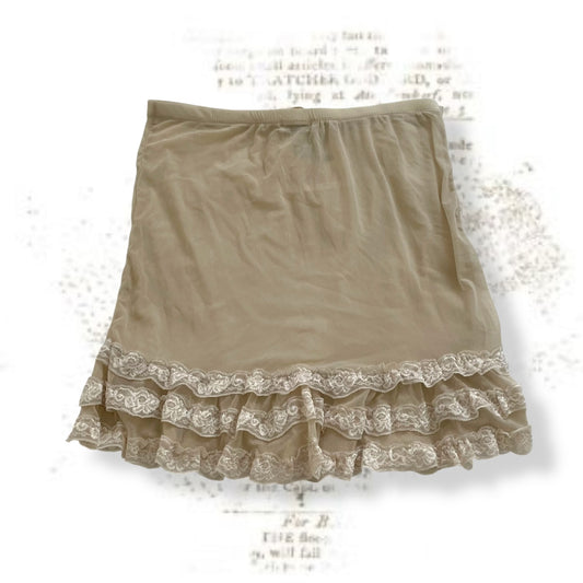 lfdms vintage beige lacey ruffle trim sheer mesh knee length skirt