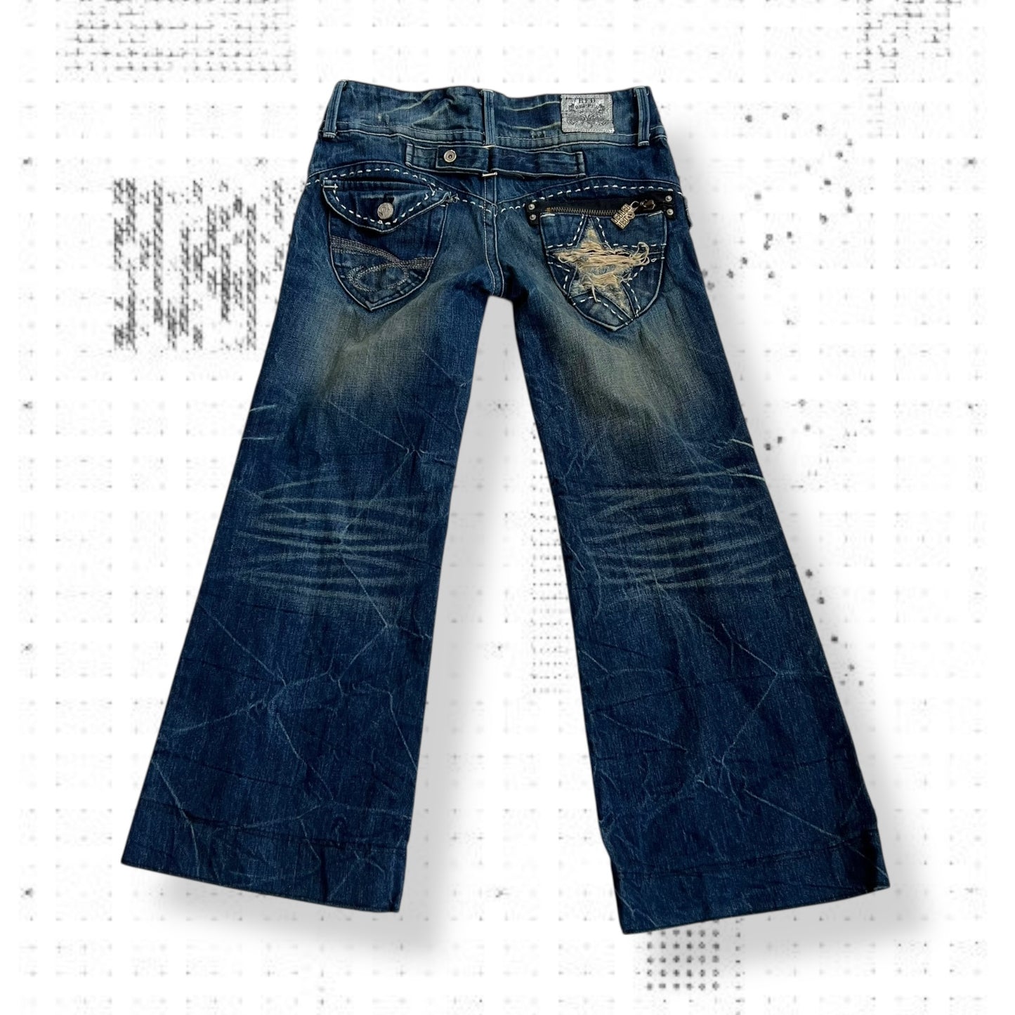 red pepper medium wash denim low mid rise distressed star wide leg trousers