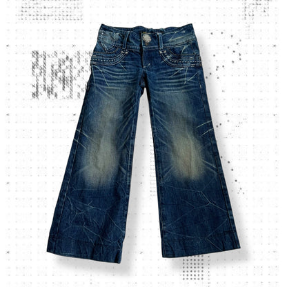 red pepper medium wash denim low mid rise distressed star wide leg trousers