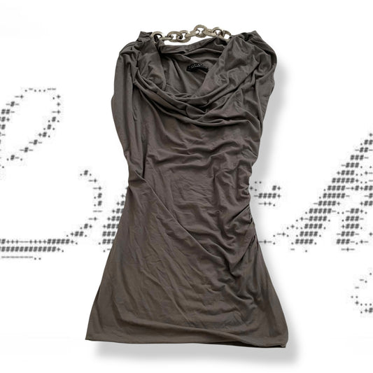 khaki grey twinset draped boho eurosummer metalwork chain detail mini dress
