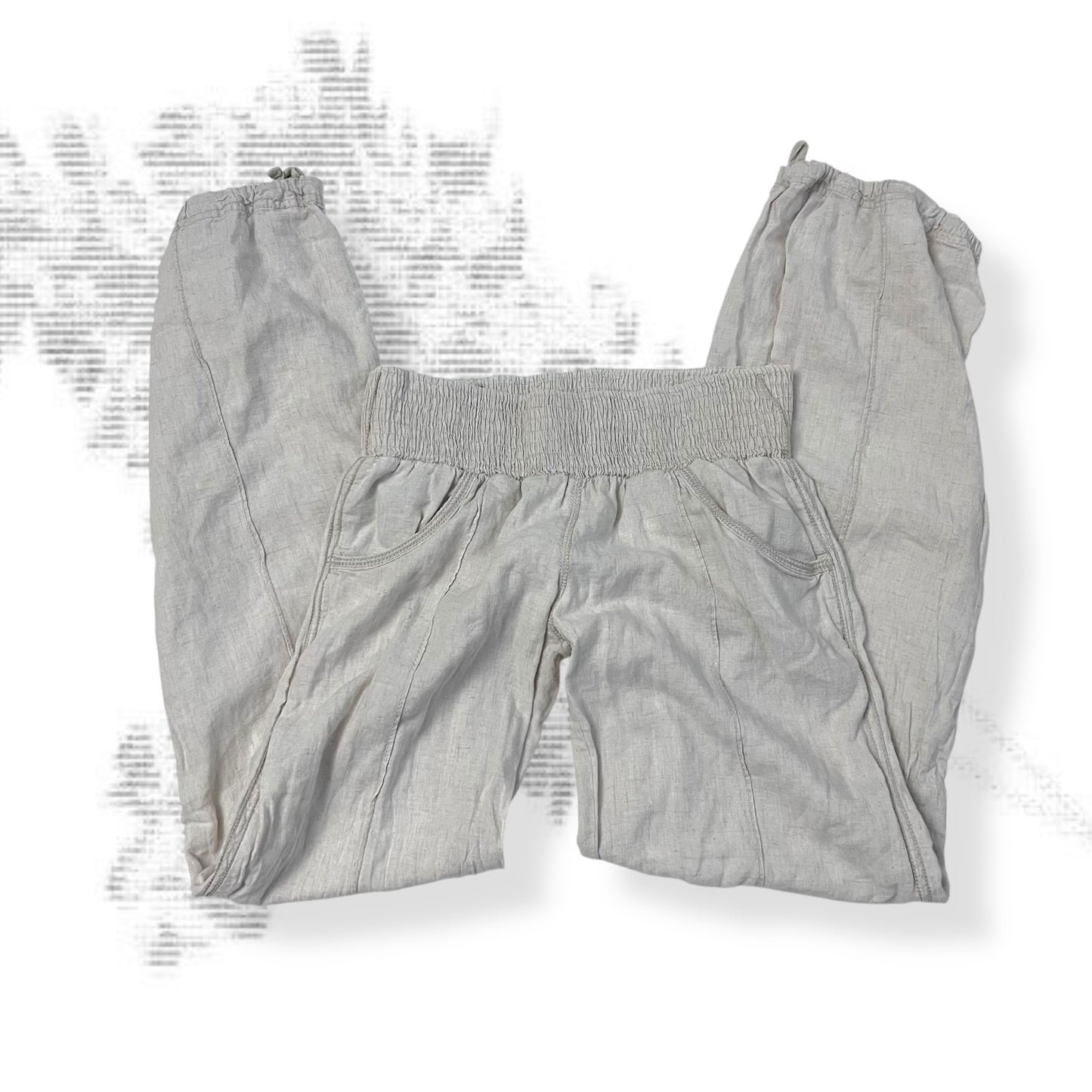 goa off white beige linen blend elastic waistband drawstring hem low rise harem trousers