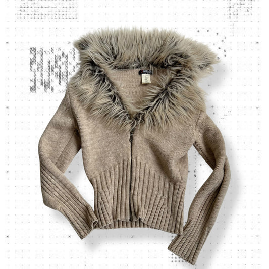 morgan de toi beige fur collar wool blend knit zip cardigan jacet