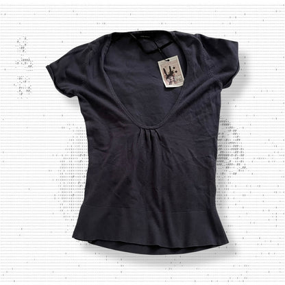 vero moda navy puff sleeve wide collar low cut knit top