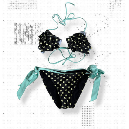 rienda black cream teal accent polka dot ruffle swimsuit two piece set