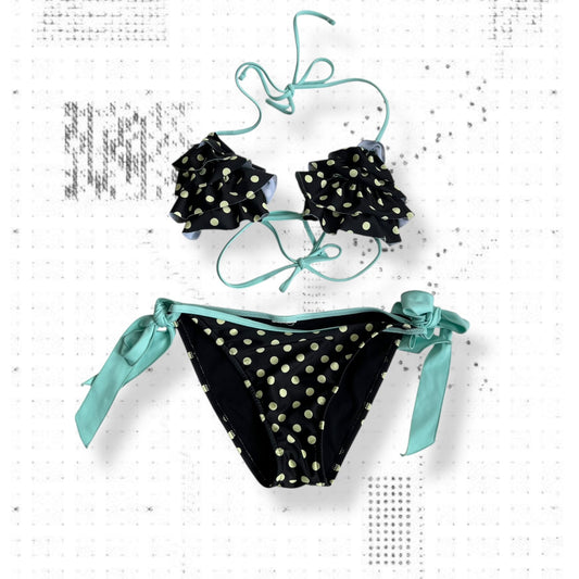 rienda black cream teal accent polka dot ruffle swimsuit two piece set