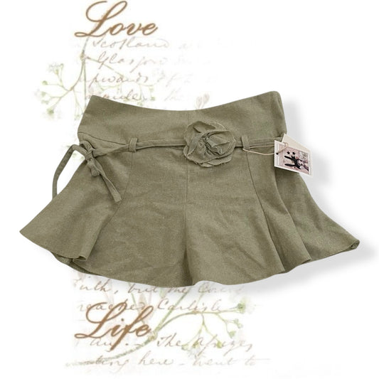 vintage soft sage green drop waist pleated mini skirt with rosette belt ribbon