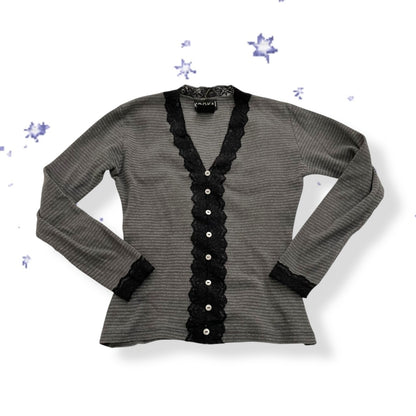 90s kookai preppy grey striped long sleeve cardigan top with black lace trim