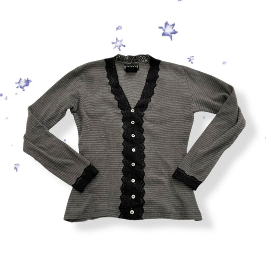90s kookai preppy grey striped long sleeve cardigan top with black lace trim