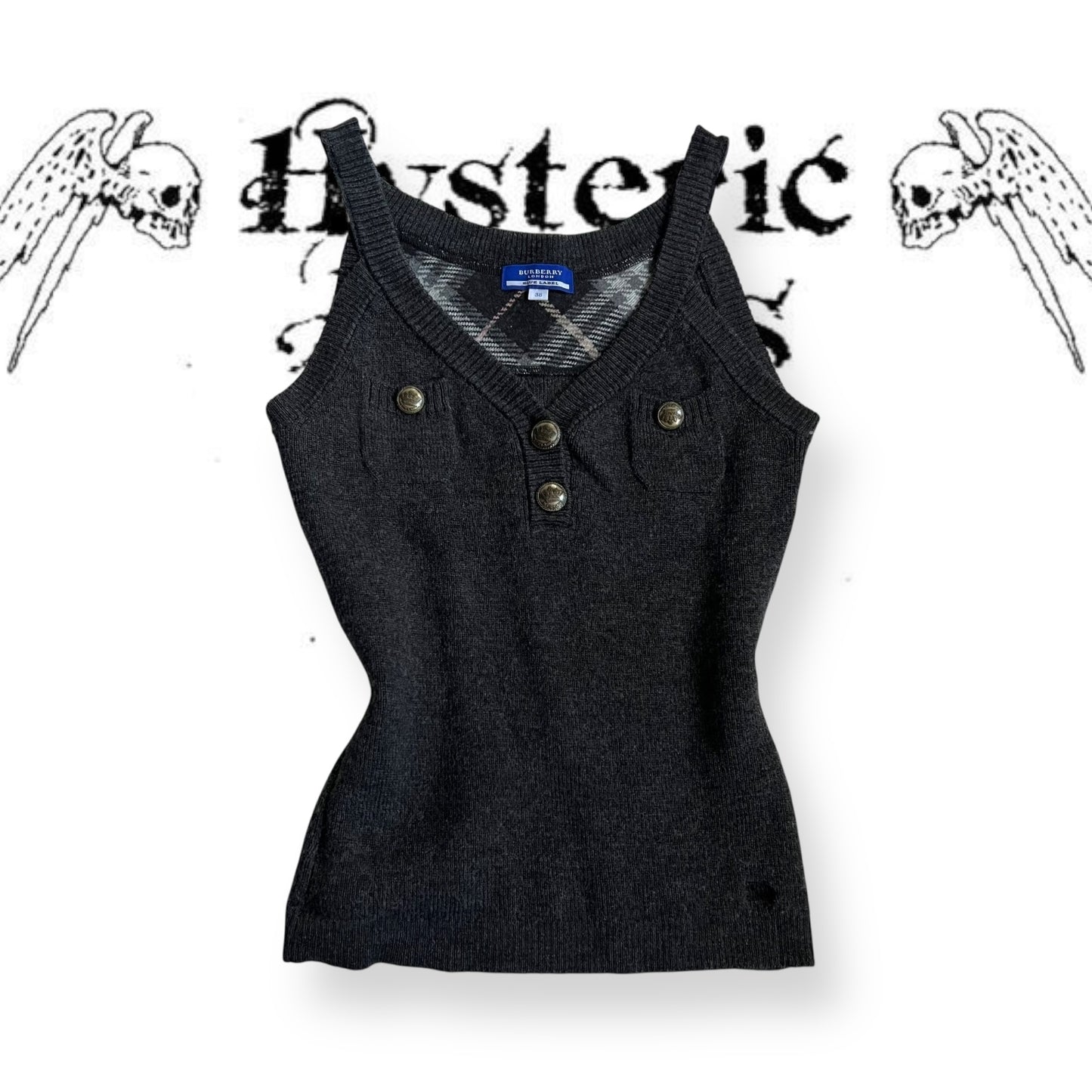 dark grey preppy fitted wool burberry blue label knit vest with brass button accents