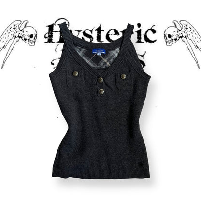 dark grey preppy fitted wool burberry blue label knit vest with brass button accents