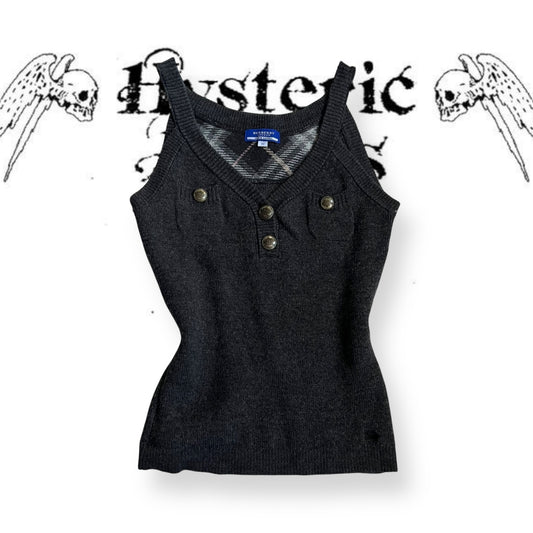 dark grey preppy fitted wool burberry blue label knit vest with brass button accents