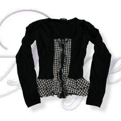 morgan dark academia black gingham ruffle hem long sleeve zip top