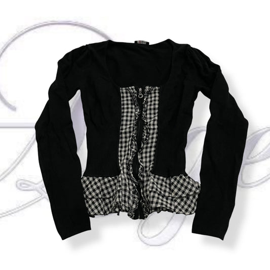 morgan dark academia black gingham ruffle hem long sleeve zip top