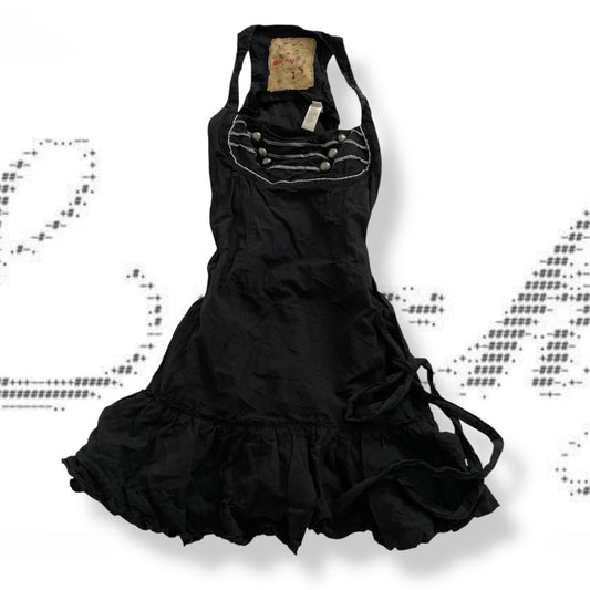 corpcore archival miss sixty black button flouncy midi dress with adjustable belt