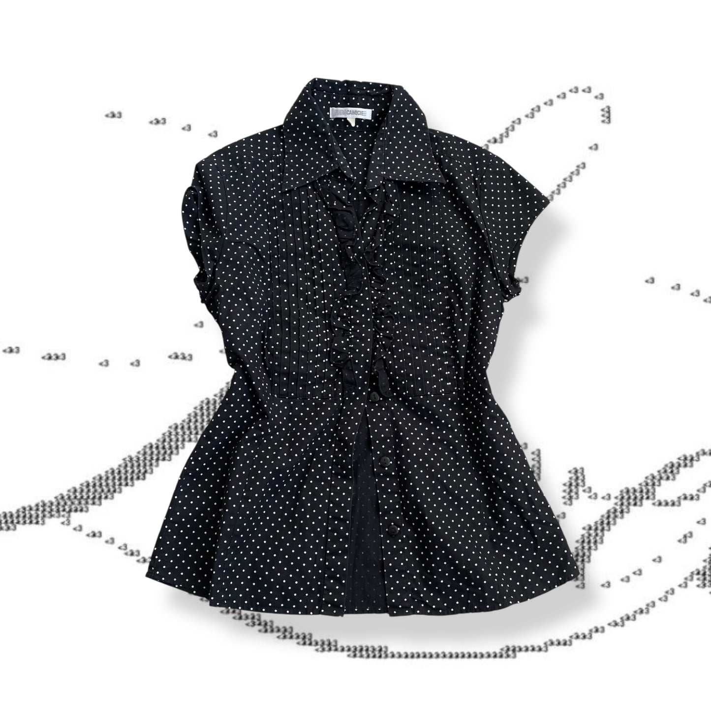 naracamicie coquette balletcore black collared polka dot frill cap sleeve blouse