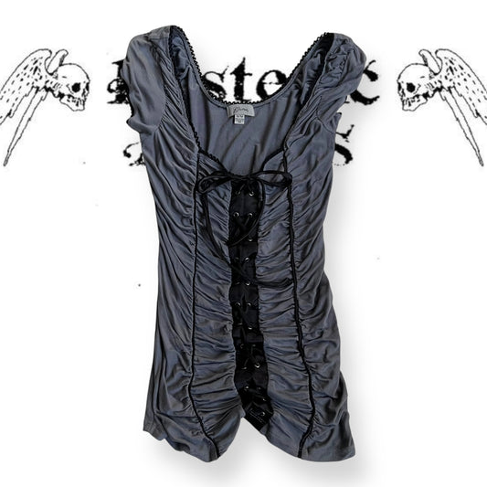 vintage guess dusty purple ruched black trim lace up corset fitted blouse top