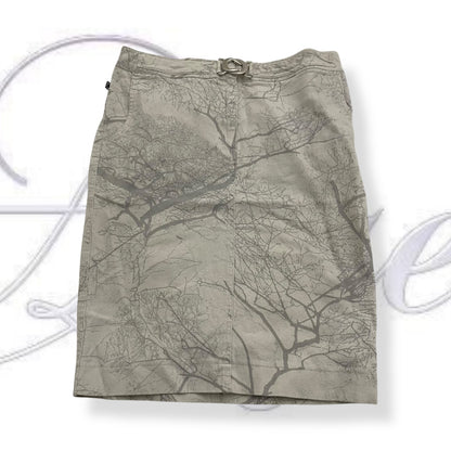 roberto cavalli greige midi skirt grey tree print and silver waist buckle detail